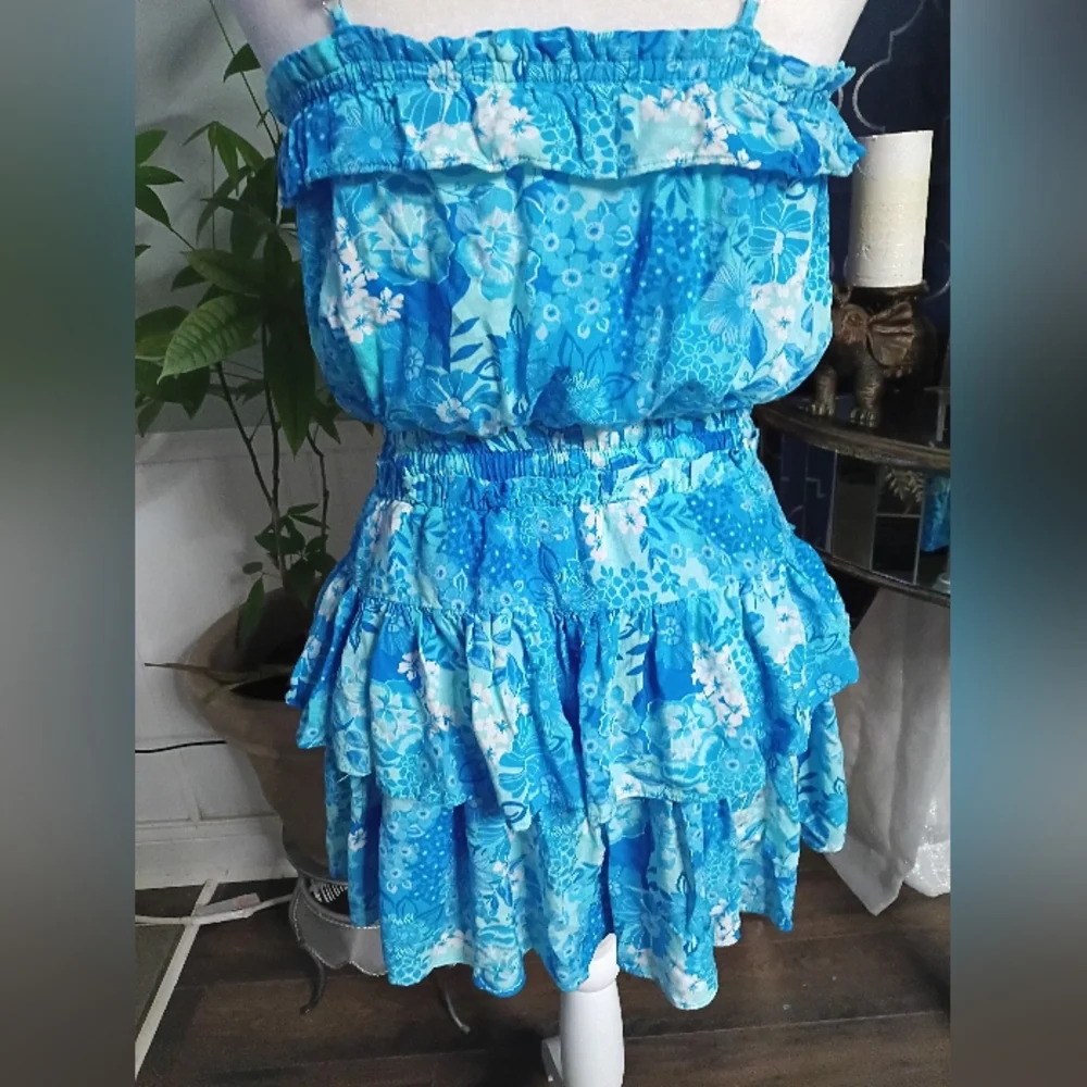 Blue Floral Ruffle Dress Rompers - Picture 9 of 14